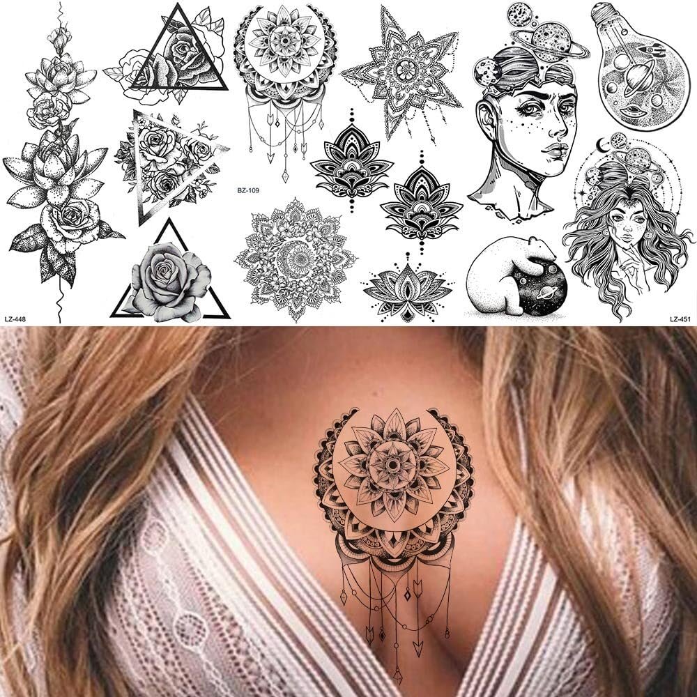 3D Sexy Geometric Temporary Tattoos For Women Girls Moon Chest Mandala Flower Henna Tattoos Stickers Diy Arm Tatoos Star