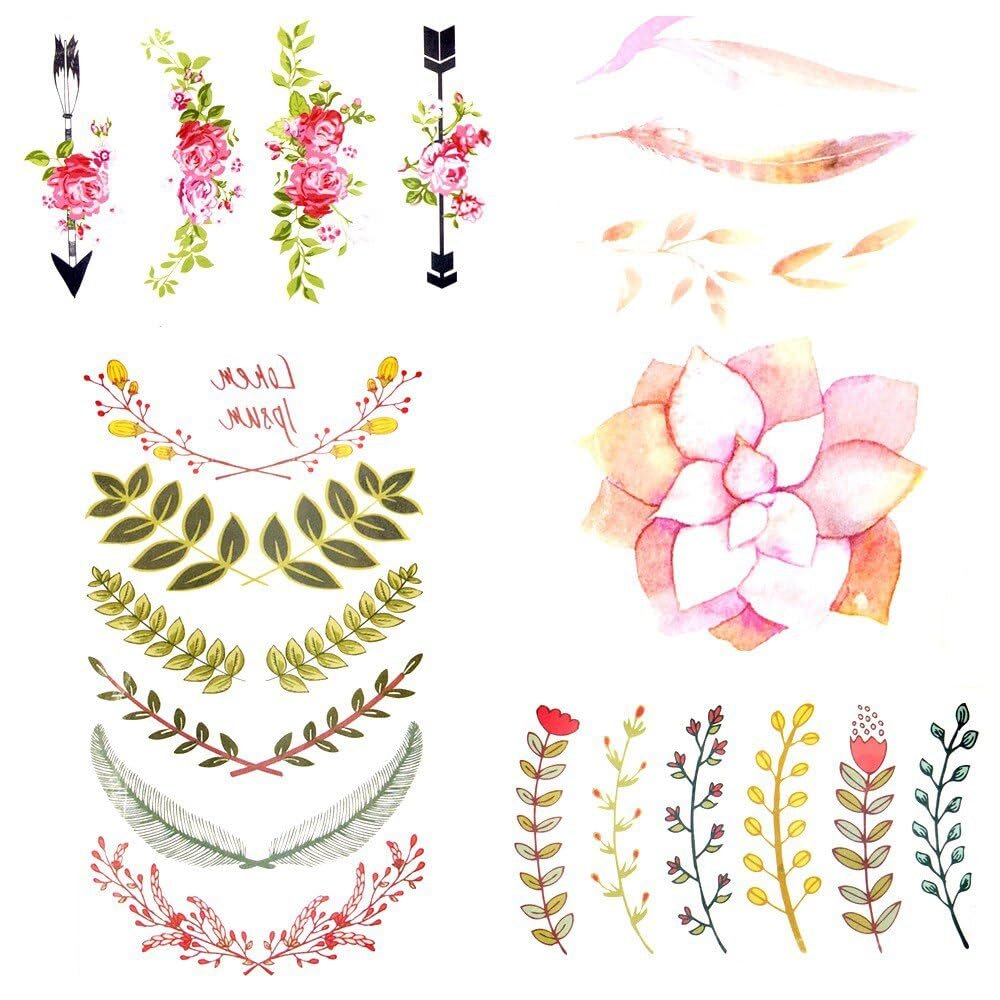 10.5X6Cm Watercolor Flower Leaf Temporary Tattoo Sticker Small Pink Feather Body Art Flash Tattoo Girl Finger Tatoo Women