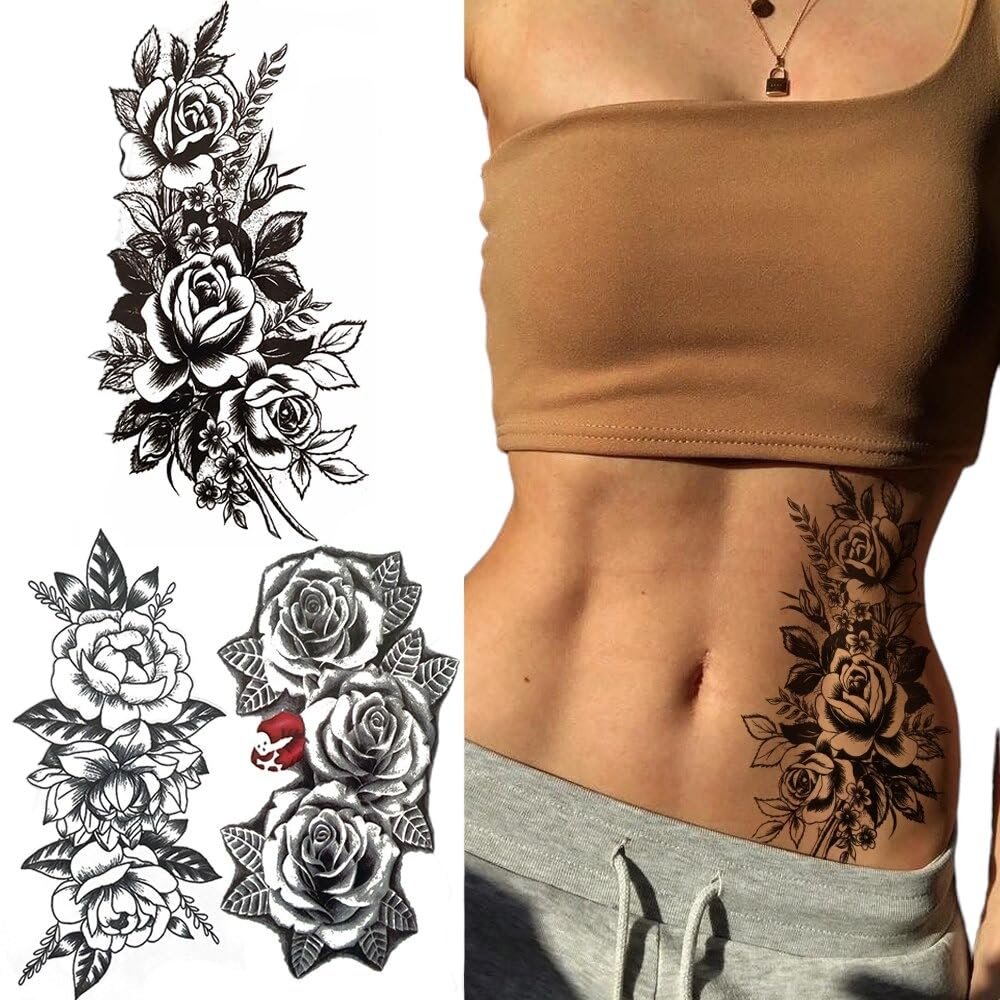 Large Rose Flower Temporary Tattoo For Women Bloosom Peony Tattoos Black Leaves Water Transfer Sexy Floral Tatoos Waist Shoulder
