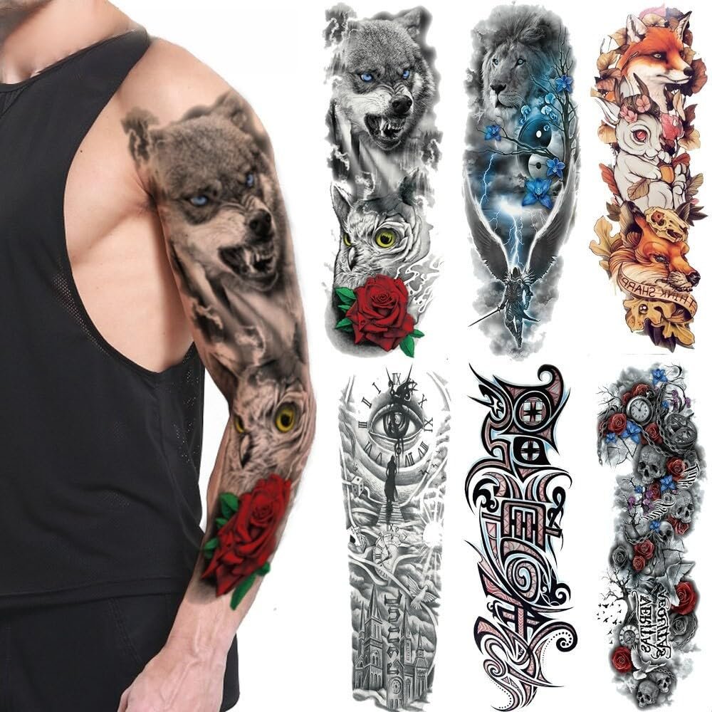 3D Long Lasting Roar Wolf Temporary Tattoo Flower Tribe Owl Men Shoulder Tattoo Stickers Full Body Arm Art Leg Tatto Women