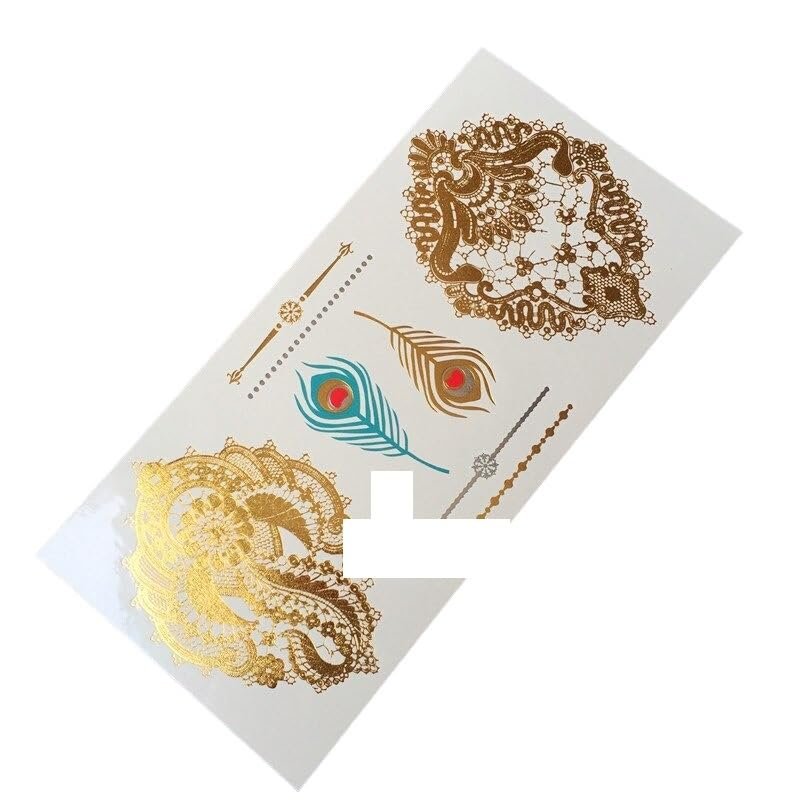 1Pc Dazzling Arm Hand Flower Tattoos Hglh15 Gold Metallic Lace Henna Tattoo Peacock Feather Waterproof Temporary Tattoo Stickers