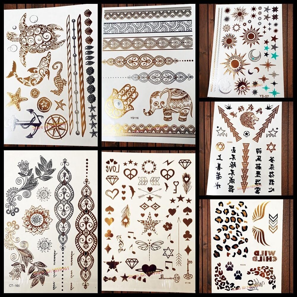 1Pc Sparkle Gold Tattoos Turtle Dolphin Sea Horse Star Fish Shell Anchor Compass Design Metallic Temporary Tattoo Stickers Ays63