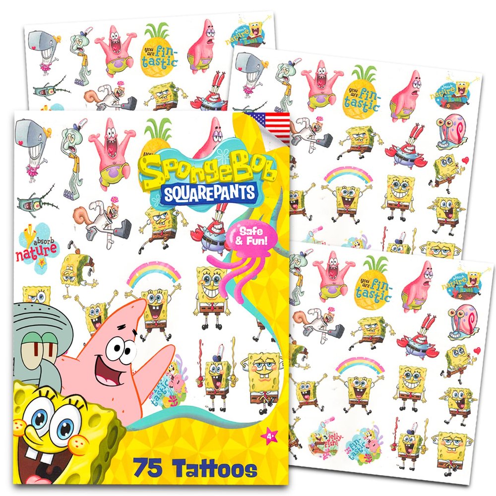 Spongebob Squarepants Temporary Tattoos for Kids and Adults - 75 Spongebob Tattoos For Party Favors Goodie Bags and More (Spongebob Party Supplies Bundle)