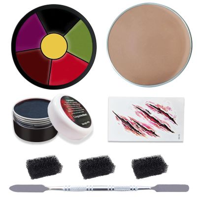 Halloween Makeup Kit Special Effects Zombie Makeup Kit Fake Blood Gel,Scar Wax with Spatula,Temporary sticker and Sponges SFX Set for Vampire cosplay makeup