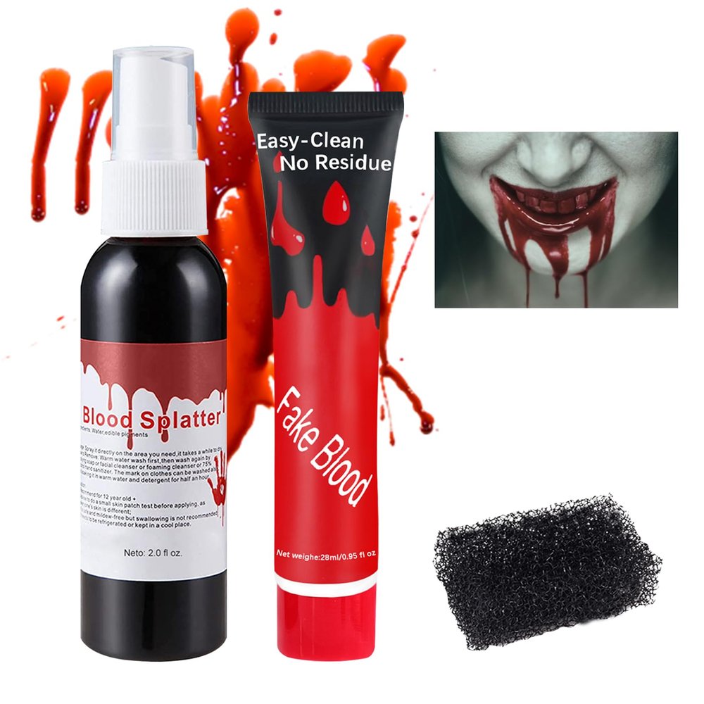 ZHISHUDL Fake Blood Spray 2.1oz(60 ml) Fake Blood Gel With Spong Washable Fake Blood Makeup for Clothes Face Body,Halloween Special Effects Clown Cosplay Vampire Zombie Makeup Kit