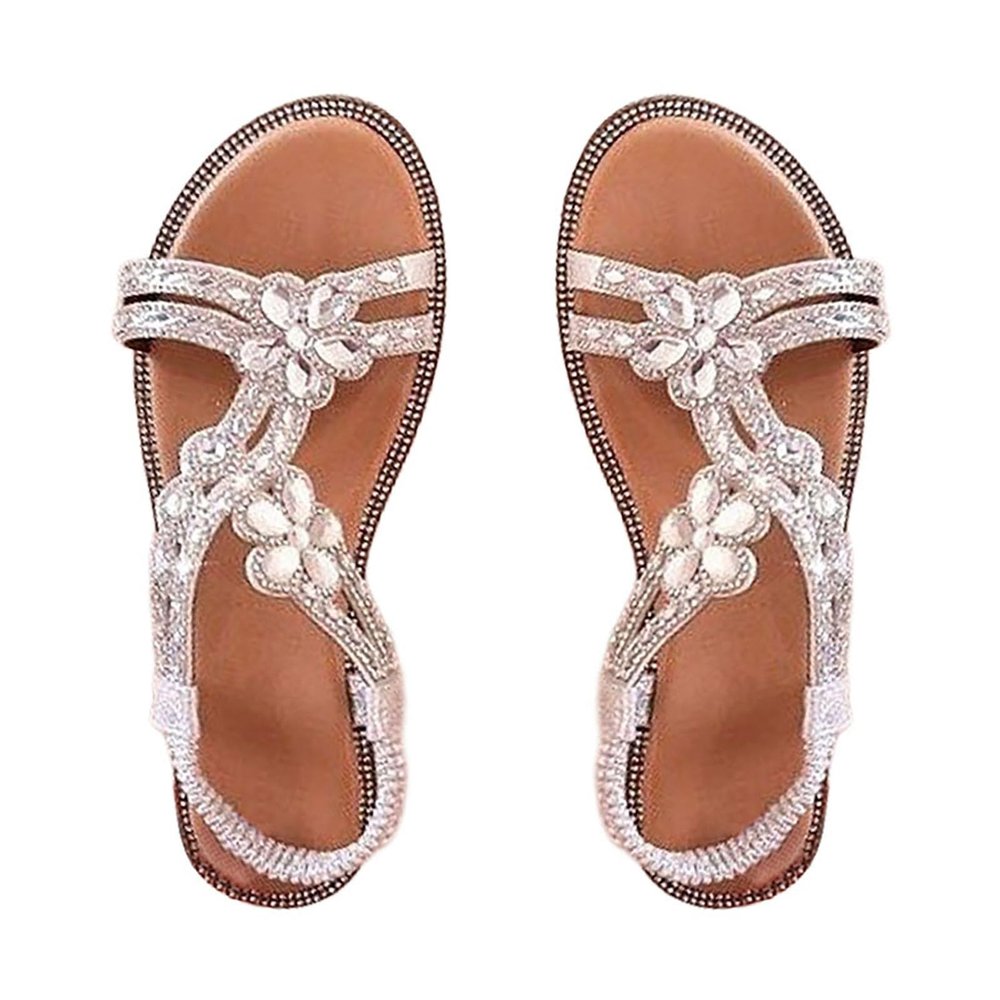 Wedge Size Rhinestone Fashion Plus Ladies Comfortable Flower Summer Sandals Women's Sandals Sandal Women (Silver, 6.5)