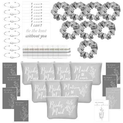 48 Pcs 8 Sets Bridesmaid Proposal Gifts Bulk Wedding Will You Be My Maid of Honor Matron of Honor Bridal Shower Makeup Bags Scrunchies Bracelets Cards for Wedding Bridesmaids(Grey)