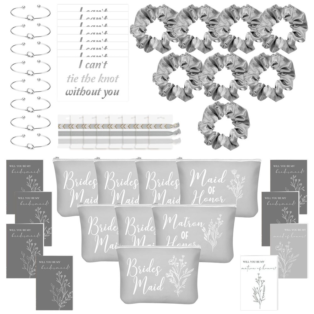 48 Pcs 8 Sets Bridesmaid Proposal Gifts Bulk Wedding Will You Be My Maid of Honor Matron of Honor Bridal Shower Makeup Bags Scrunchies Bracelets Cards for Wedding Bridesmaids(Grey)
