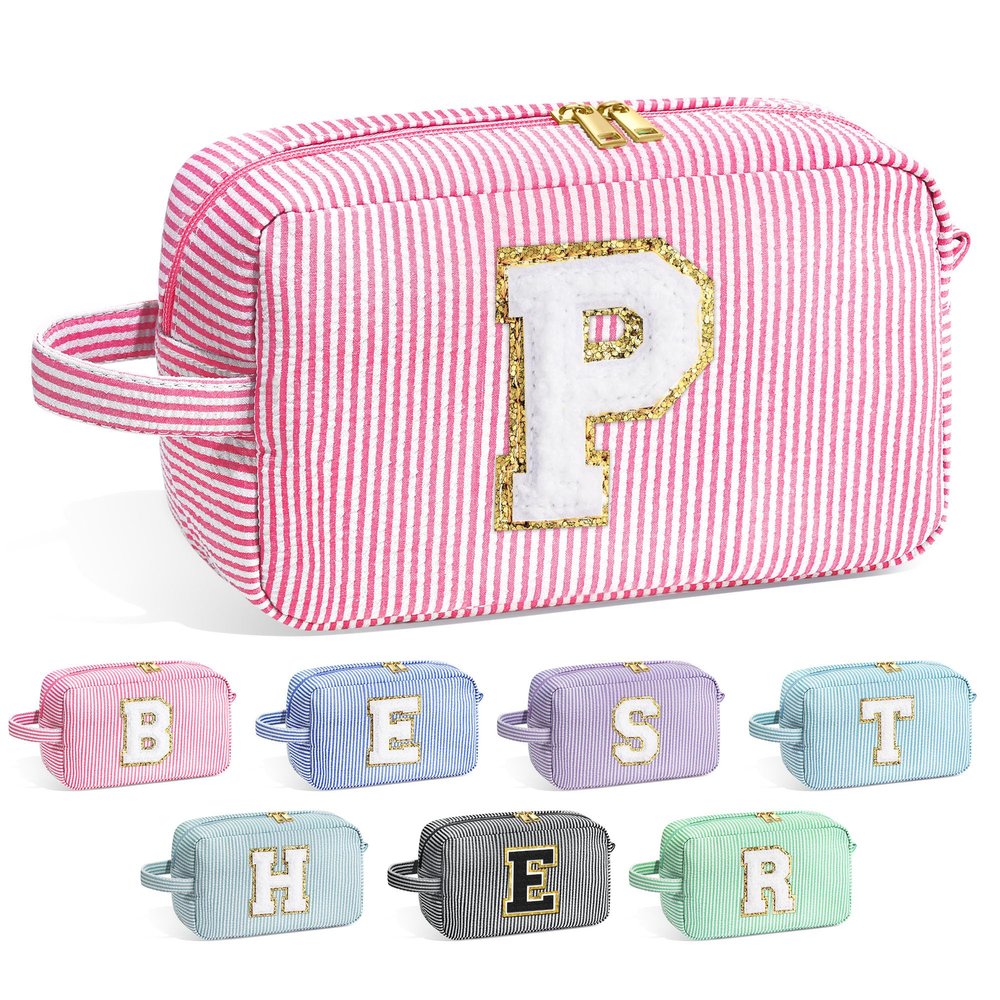 YOOLIFE Initial Cosmetic Bag - Monogram Cute Pink Makeup Bags Toiletry Pouch Make Up Case for Her Best Friend Friendship Sister Teacher, Personalized Birthday Gifts
