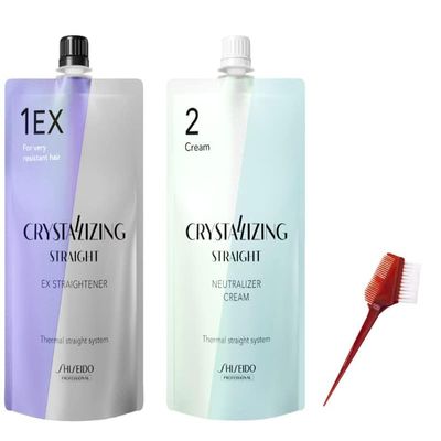 Japanese Hair Rebonding and Straightening Treatment - Permanent Crystallizing Straightener (1EX) with Neutralizing Cream (2) for Very Resistant Hair, Includes Hair Brush