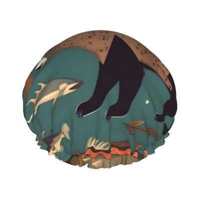 Lodge Bear Deer Fishes Reusable Shower Cap For Women,Double Splashproof Shower Cap,Large Size For All Hair Lengths