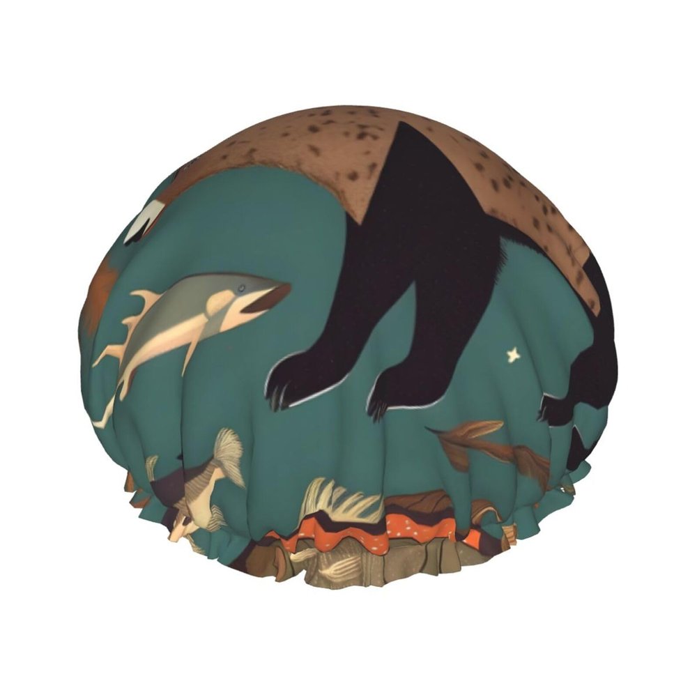 Lodge Bear Deer Fishes Reusable Shower Cap For Women,Double Splashproof Shower Cap,Large Size For All Hair Lengths