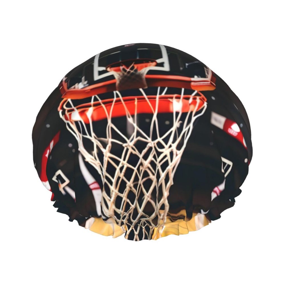 Basketball Reusable Shower Cap For Women,Double Splashproof Shower Cap,Large Size For All Hair Lengths