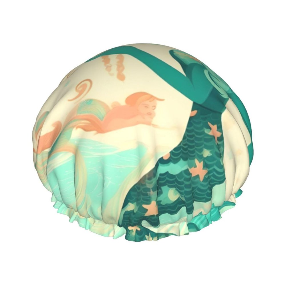 Retro Mermaid Reusable Shower Cap For Women,Double Splashproof Shower Cap,Large Size For All Hair Lengths