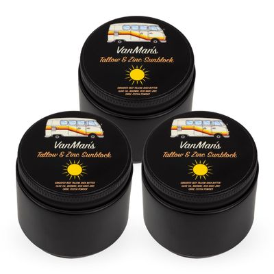 Vanman's - Zinc and Tallow Sunscreen (3 Pack) - Water Resistant 20 SPF Beef Tallow Sunscreen with Olive Oil, Beeswax - Mineral with Non-Nano Minerals - 2.8 ounce