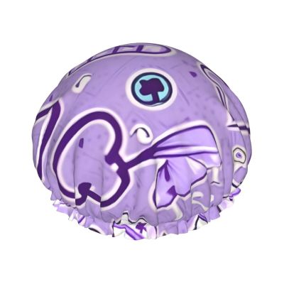 Nurse Pattern Purple Reusable Shower Cap For Women,Double Splashproof Shower Cap,Large Size For All Hair Lengths