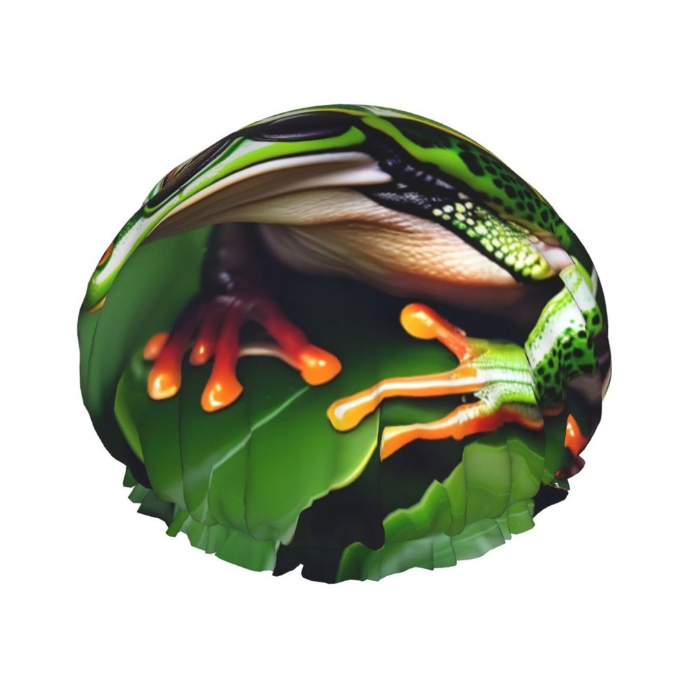 Animal Frog Green Leaf Leaves Reusable Shower Cap For Women,Double Splashproof Shower Cap,Large Size For All Hair Lengths