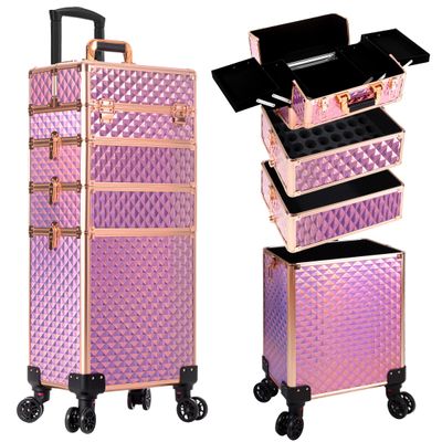 AROUS Rolling Makeup Train Case 4 in 1 Cosmetology Case on Wheels Large Storage Cosmetic Trolley with Key Salon Barber Case Traveling Cart Trunk, Pink