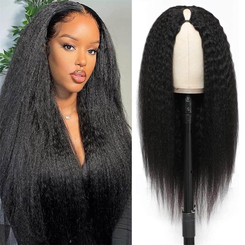 LOVFIR Kinky Straight V Part Wig Human Hair for Black Women 180% Density Upgrade U Part Wig No Glueless No Sew in Beginner Friendly Comfortable and Soft Yaki Straight V Part Wig Human Hair 16 Inch
