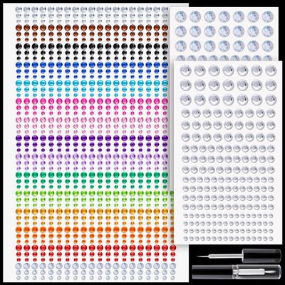 1294 Pcs Rhinestone Stickers 3-8mm Clear+Laser+Colorful Self Adhesive Face Gems Stick on Body Crystal Jewels with Makeup Glue for Face Eye Hair Nails Make up and Craf Decorations