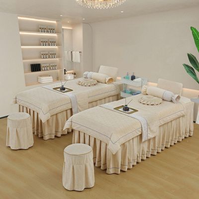 MIPOPS Microfiber 4-Piece Sheet Set, Beauty Bedsheet Professional Massage Soft Spa Sheet Salon Table Cover with Face Hole, Quilt Cover, Pillow Case, Stool Cover(Beige,185x70cm(73x28inch))
