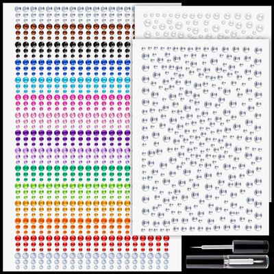 1550 Pcs Rhinestone and Pearl Stickers 3-6mm Clear&Colorful Gems+White Pearls Adhesive Face Gems Stick on Body Crystal Jewels with Makeup Glue for Face Eye Hair Nails Makeup and Craft Decorations
