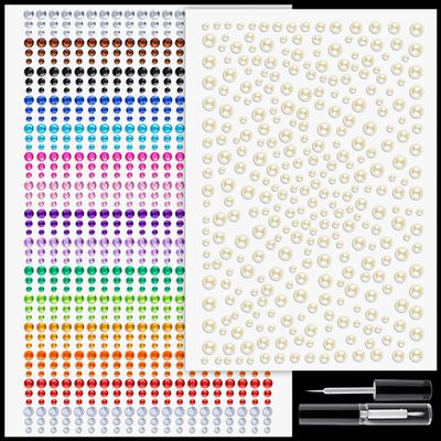 1225 Pcs Rhinestone and Pearl Stickers 3-6mm Beige Pearls+Colorful Self Adhesive Face Gems, Stick on Body Crystal Jewels with Makeup Glue for Face Eye Hair Nails Make up and Craft Decorations