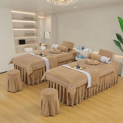 MIPOPS 4-Piece Massage Table Cover, Spa Beauty Bed Cover, Sheets for Massage Table, Breathable Bed Cover, Quilt Cover, Pillow Case, Stool Cover for Beauty Salons(Brown,185x70cm(73x28inch))