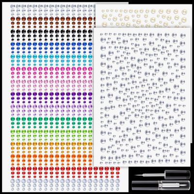 1550 Pcs Rhinestone and Pearl Stickers 3-6mm Clear&Colorful Gems+Beige Pearls Adhesive Face Gems Stick on Body Crystal Jewels with Makeup Glue for Face Eye Hair Nails Makeup and Craft Decorations