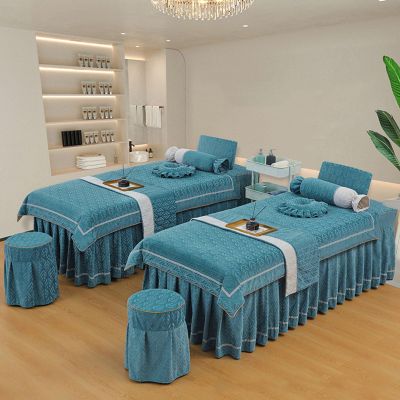 MIPOPS 4-Piece Massage Table Cover, Spa Beauty Bed Cover, Sheets for Massage Table, Breathable Bed Cover, Quilt Cover, Pillow Case, Stool Cover for Beauty Salons(Blue,190x75cm(75x30inch))