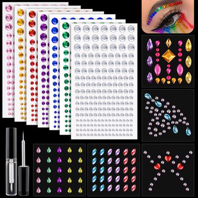12 Sheets Face Gem Stickers Set 2 with 7 Colors, Mixed shape Crystal Self Adhesive Rhinestones Face Jewels Stick on, with Makeup Glue for Makeup Eyes Face Hair Nails Body, Crafts and Decorations