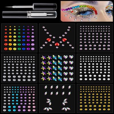9 Sheets Face Rhinestone Stickers Set 1, Multi Shapes Flat Back Gems Star Heart Crystal Bling Face Jewel Stickers, with Makeup Glue for Eyes Face Hair Body Nails Rave Party Concert Makeup