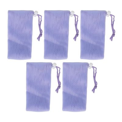 5pcs Mesh Soap Pouch Saver Bag, Purple Bubble Foam Net with Drawstring Body Facial Exfoliating Cleansing Tool