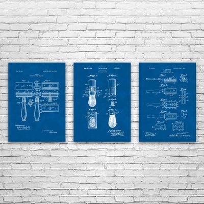 Patent Earth Shaving Razor Posters Set of 3 (18x24), Bathroom Decor, Shaving Gift, Fashion Wall Art, Barber Gift, Barber Shop Decor Blueprint