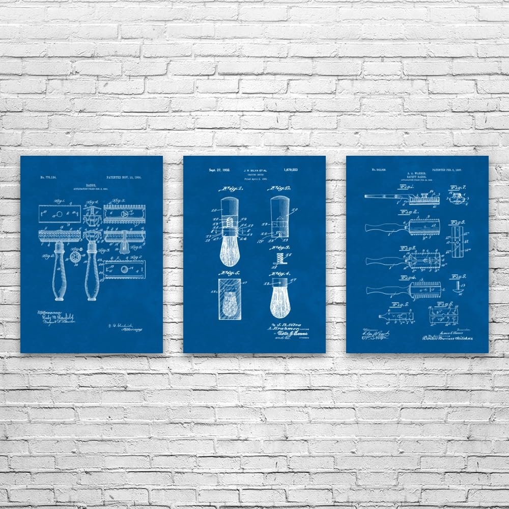 Patent Earth Shaving Razor Posters Set of 3 (18x24), Bathroom Decor, Shaving Gift, Fashion Wall Art, Barber Gift, Barber Shop Decor Blueprint