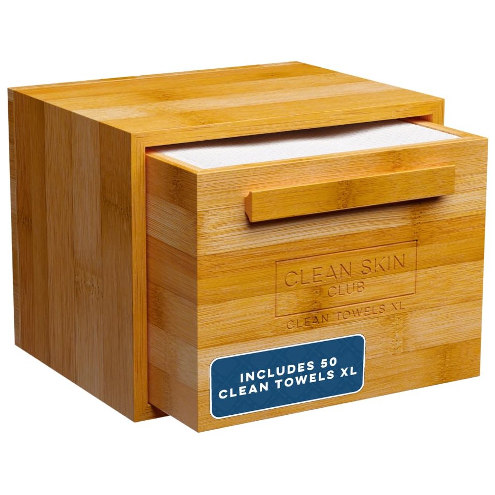 Clean Skin Club Luxe Bamboo container with pullout drawer includes Clean Towels Original XL 50 Count, Disposable Face Towel Holder for Bathroom Counter
