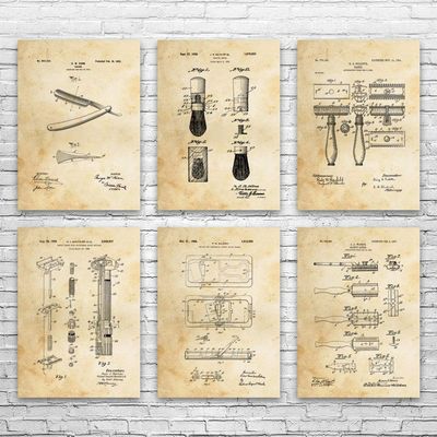 Shaving Patent Posters Set of 6 (16x20), Barber Shop Decor, Barber Gift, Bathroom Wall Art, Shaving Gift, Fashion Decor Vintage Paper
