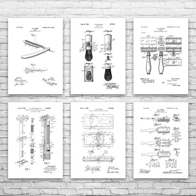 Shaving Patent Posters Set of 6 (16x20), Barber Shop Decor, Barber Gift, Bathroom Wall Art, Shaving Gift, Fashion Decor Black & White