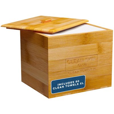Clean Skin Club Luxe Bamboo container with Removable Cover includes Clean Towels Original XL 50 Count, Disposable Face Towel Holder for Bathroom Counter
