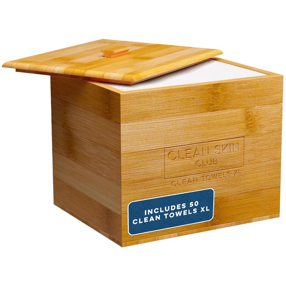 Clean Skin Club Luxe Bamboo container with Removable Cover includes Clean Towels Original XL 50 Count, Disposable Face Towel Holder for Bathroom Counter