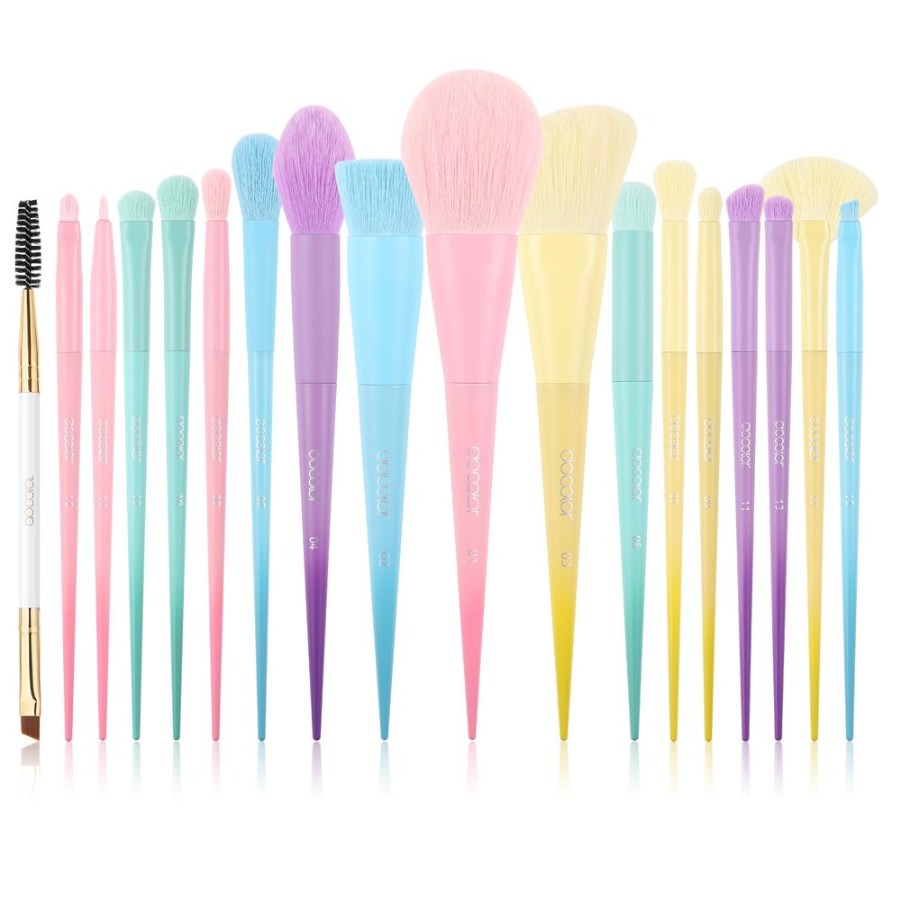 Docolor 17 Pcs Colourful Makeup Brush Set + Duo Eyebrow Brush,Professional Angled Eye Brow Brush and Spoolie Brush