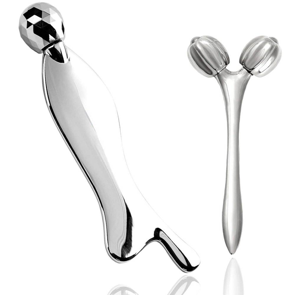 Hysotok Face & Body Roller Massager - Guasha Tool for Face, Neck & Eyes, Stainless Steel, Chin Lift, Skin Tightening (Silver White)