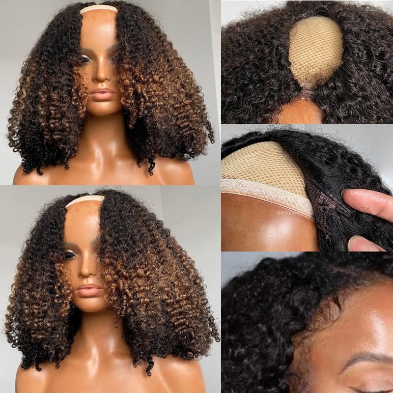 12inch Ombre Balayage Highlight Curly U Part Wig Human Hair 180% 4x2 inch Afro Kinky Curly FB30 Glueless Human Hair Upart Wigs for Black Women Full Head U Shape Clips in Half Wig No Leave Out 4B4C