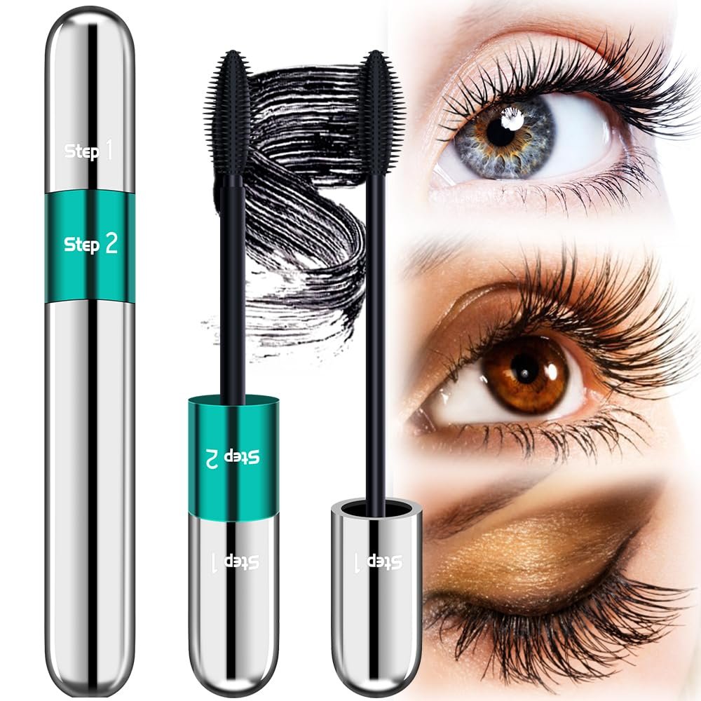 Mascara Black Length - Waterproof 2 in 1 4D Silk Fiber Mascara 5X Longer, Natural and False Effect Look in One Long Lasting Mas Cara Makeup for Women