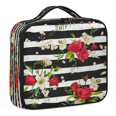 QsirBC Makeup Train Case with Adjustable Dividers, Portable Make Up Bag for Women, Toiletry Bag for Men with Waterproof Brush Cover, Rose Stripes Travel Makeup Organizer Makeup Box