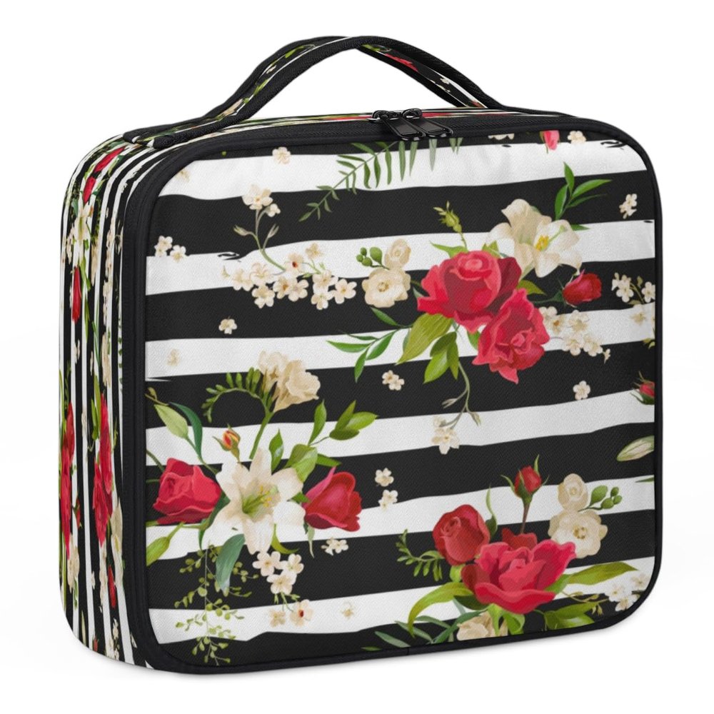 QsirBC Makeup Train Case with Adjustable Dividers, Portable Make Up Bag for Women, Toiletry Bag for Men with Waterproof Brush Cover, Rose Stripes Travel Makeup Organizer Makeup Box