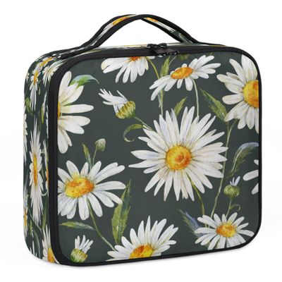 QsirBC Makeup Train Case with Adjustable Dividers, Portable Make Up Bag for Women, Toiletry Bag for Men with Waterproof Brush Cover, Cute Daisies Travel Makeup Organizer Makeup Box
