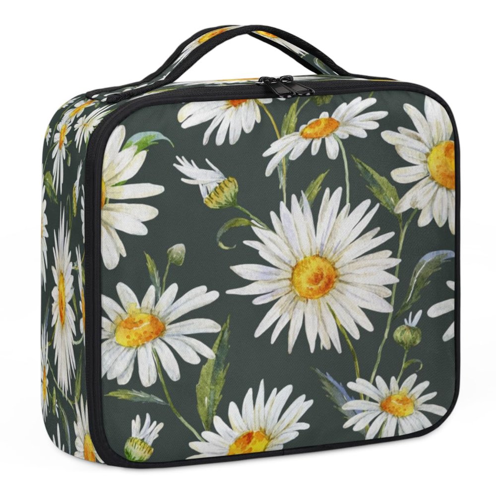 QsirBC Makeup Train Case with Adjustable Dividers, Portable Make Up Bag for Women, Toiletry Bag for Men with Waterproof Brush Cover, Cute Daisies Travel Makeup Organizer Makeup Box