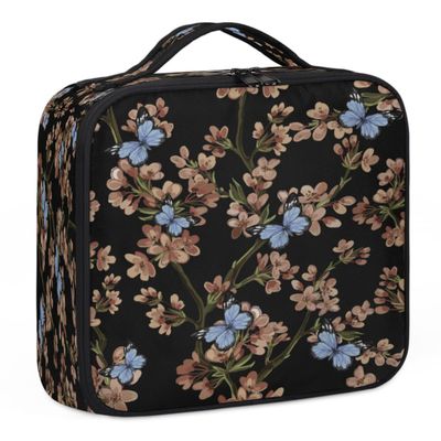 QsirBC Makeup Train Case with Adjustable Dividers, Portable Make Up Bag for Women, Toiletry Bag for Men with Waterproof Brush Cover, Japanese Cherry Butterfly Travel Makeup Organizer Makeup Box