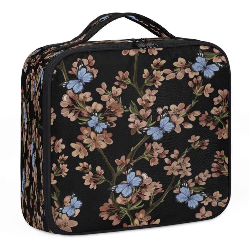 QsirBC Makeup Train Case with Adjustable Dividers, Portable Make Up Bag for Women, Toiletry Bag for Men with Waterproof Brush Cover, Japanese Cherry Butterfly Travel Makeup Organizer Makeup Box
